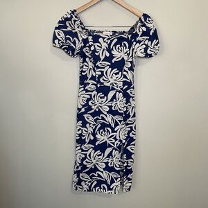 Monteau Los Angeles Women’s S Smocked Dress Blue Floral Tropical Puff Sleeve